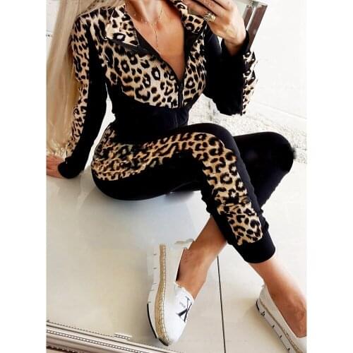 Two Piece Woman Sports Suit Sexy Long Sleeve Leopard Print Drawstring Zipper Coat + Slim Elastic Pants Outfits Tracksuit Set