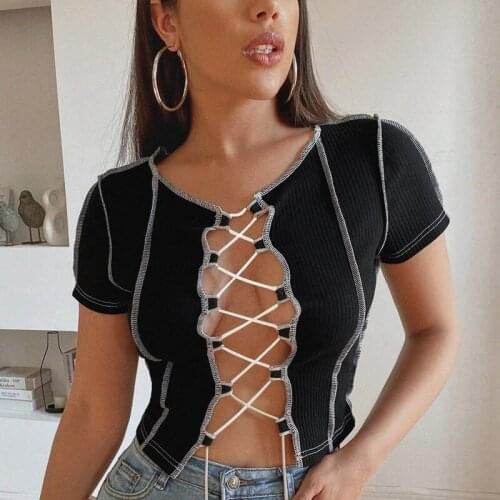 Patchwork Broken Design Mesh Crop Top For Women Punk Style Long Sleeve T-shirt Street Bandage summer Wear Tees Female clothes