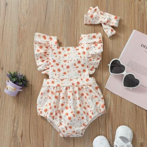 Summer Baby Girls Sweet Fly Sleeve Bodysuit Fashion Floral Bandage Ruffles Print Jumpsuits and Headband