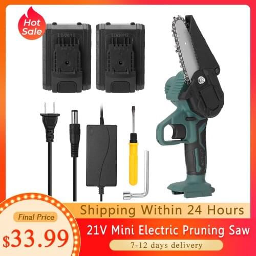 21V Mini Electric Pruning Saw Rechargeable Small Wood Spliting Chainsaw Woodworking Garden Tool Orchard Branch Clip 2 Batteries