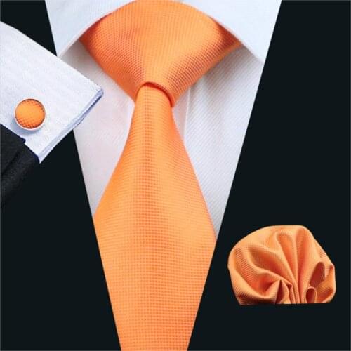 FA-266 Men`s Tie Orange Solid Silk Jacquard Woven Classic Tie Hanky Cufflinks Set For Men Business Wedding Party Free Shipping