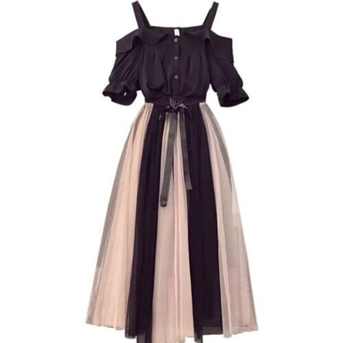 Large size new fashion womens two piece set high quality Black shirtoff-the-shoulder loose top + Mesh skirt suit summer 2021