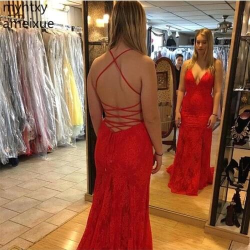 2020 New Arrival Mermaid Red Lace Plus Size Evening Dresses V-neck Crisscross Back Floor Length Prom Party Gowns Robe De Soiree