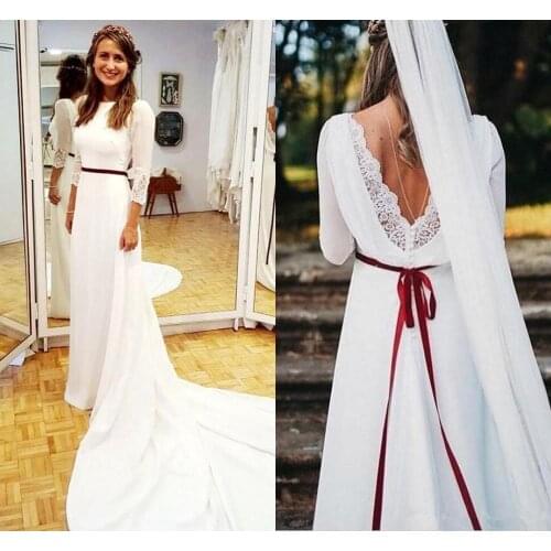 3/4 Sleeves A Line Boho Wedding Dresses 2021 Backless Beach Wedding Gowns For Brides Plus Size Bridal Dress Custom Made