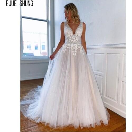 EJUE SHUNG Gorgeous Boho Wedding Dresses For Bride Deep V Neck Backless Lace Appliques Tulle Bridal Wedding Gowns robe de mariee