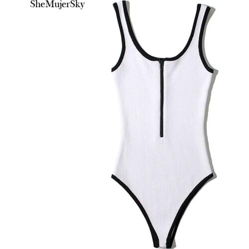 SheMujerSky Summer Sexy Cami Knitted Bodysuits Women Sleeveless Elastic Slim Zipper Tops Jumpsuits 2021