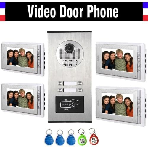4 Units Apartment Intercom System Video Intercom Video Door Phone Kit HD Camera 7 Inch Monitor with RFID keyfobs for 4 Household