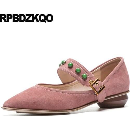 Novelty genuine leather ladies pointed toe mary jane special block size 4 34 ankle strap shoes low heels suede pink rivet stud