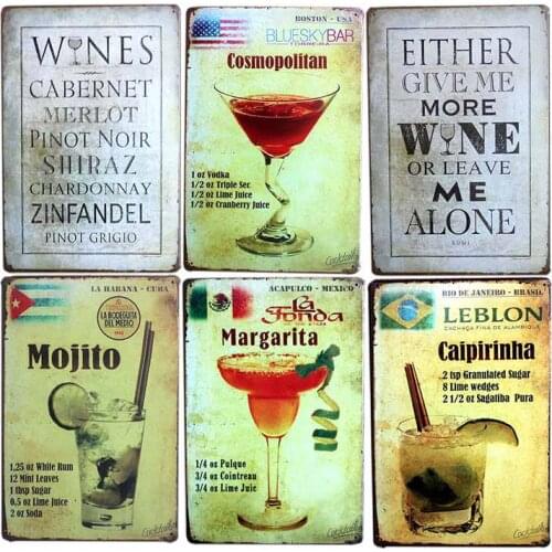 Wine Sign Metal Plaque Vintage Cocktail Mojito Poster Cafe Decoration Pub Retro Wall Plate Decorative Home Decor 20x30cm