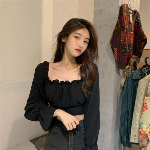 Women Blouse Autumn Ruffled Square Collar Puff Sleeve Long-Sleeved Top For Women Blusas Mujer De Moda