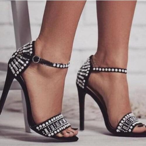 Women sandals Flock Buckle Strap 11cm Thin Heels High heels Round Toe Shallow Cover Heel women shoes sandalias mujer 2020