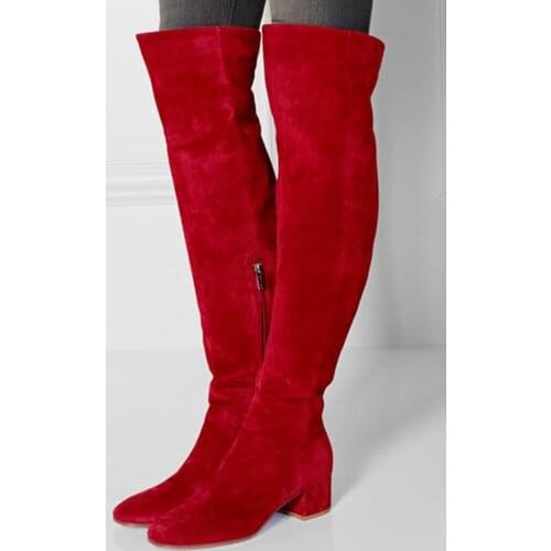Shoes Woman Heels Suede Block Heel Red Long Boots Round Toe Side Zipper Over The Knee Boots Celebrity Style Woman Dress Shoes