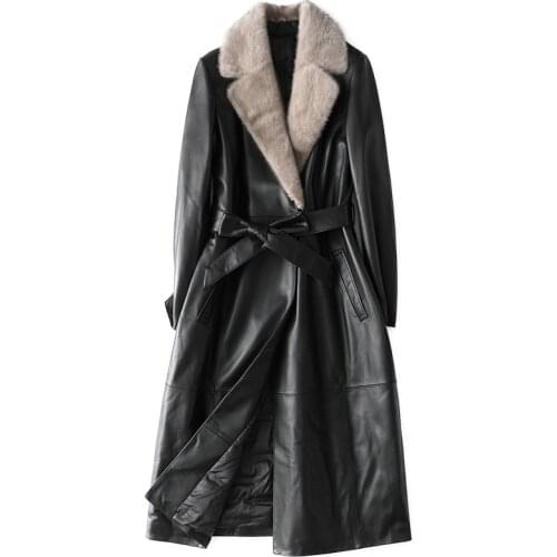 High Quality Thick Warm Mink Fur Collar Leather Down Jacket with Belt Women Autumn Winter Slim Sheepskin Casual Coat Long Black