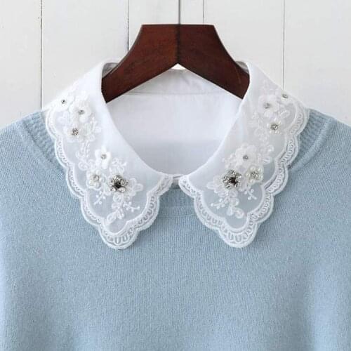Women Fashion Imitation Pearl Fake Collar Detachable Dual Mesh Lapel Necklace 094B