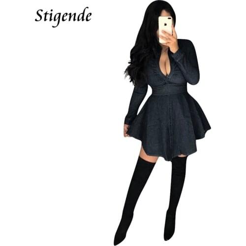 Stigende Long Sleeve Black a Line Denim Dress Women Turn Down Collar Button Shirt Dress Patchwork Bandage Bow Tie Bow Tie Dress