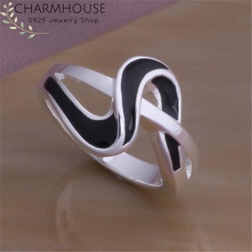 Silver 925 Rings For Women Black Lines Finger Ring Wedding Bridal Jewelry Accessories Bague Femme Anillo Party Gifts Bijoux