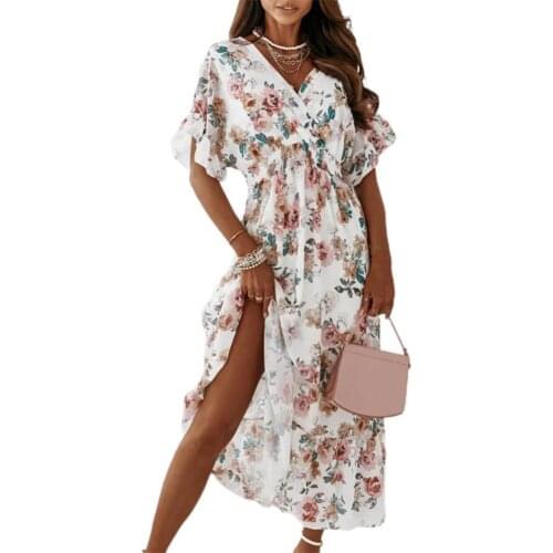 Summer Vintage Ruffles Short Sleeve Chiffon Maxi Dress Women 2021 Elegant Pink Floral Elastic Waist Long Dresses For Woman Robe