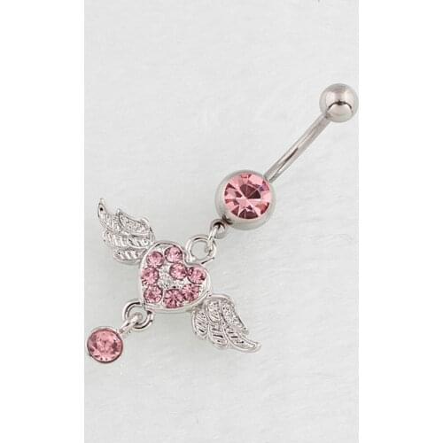 1PCS Cute Wing Heart Belly Button Ring Pink Crystal Belly Piercing Ring Sexy Navel Piercing Belly Bar Dangle Navel Ring Jewelry