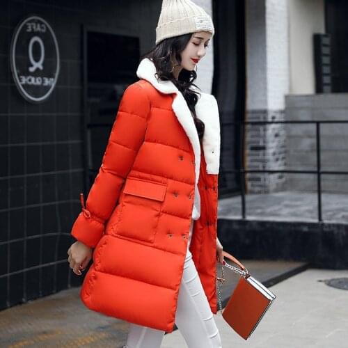 2018 Winter Clothes Pattern Korean Lamb Wool Collar Down Cotton Long Fund Horn Cotton-padded Clothes Cotton-padded Jacket