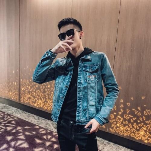 2020 Korean Cowboy Jacket Mens Denim Hip Hop / Hole Ripped Jeans Jackets Streetwear Male Fashion Autumn Coat