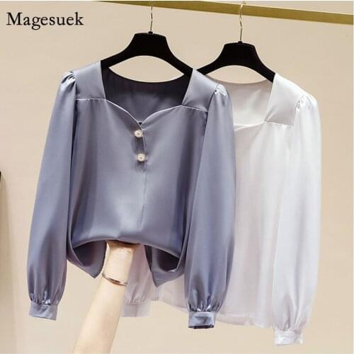 2021 Spring New Square Collar Chiffon Shirt Long Puff Sleeve Gentle Tops Fashion Elegant Solid Button Blouse Women Blusas 13464