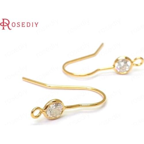 36021)10PCS Height 19MM Zircon 3.5MM 24K Gold Color Brass and Zircon Earring Hook High Quality Diy Jewelry Findings Accessories