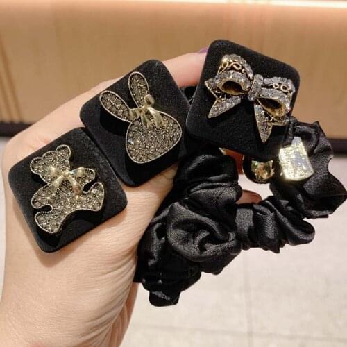 Black Bow Bear Doll Hair Accessories Elastic Hair Bands Boutique High Quality Crystal Silk Bow Hair Ropes Scrunchies Wholesale