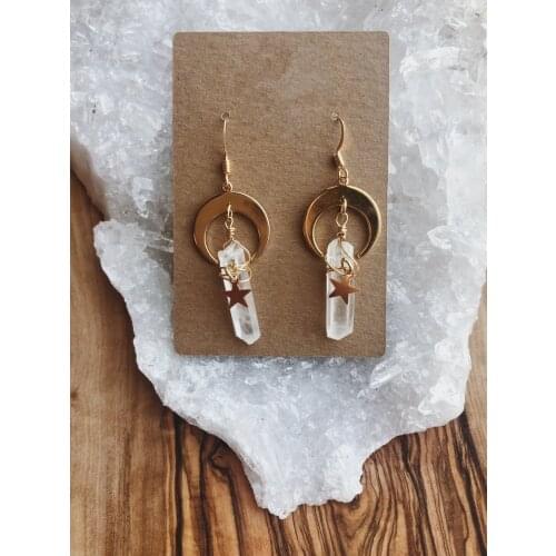 Aura Quartz, Moon&star Gift,dangle Earrings,Pagan Gift, Wicca Jewelry