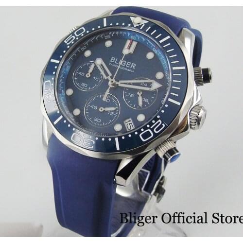 BLIGER Blue 41mm Case Quartz Men Wristwatch Chronograph Function 24 Hours Rubber Strap Rotating Bezel Rubber Strap