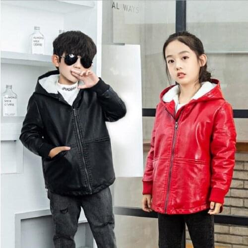 Childrens leather jacket for boys girls hooded plus velvet thicken warm winter leather jacket for children clothes 2-8years old