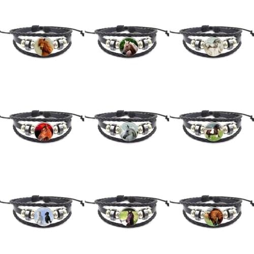 EJ Glaze Horse Head Vintage Glass Cabochon Jewelry With Black Leather Bracelet Bangle For Women Jewellery