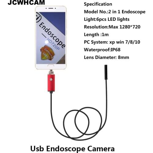 JCWHCAM Android Usb Endoscope Camera 1m 8mm Led HD 720P Snake Inspection ip67 Waterproof SmartPhone Camera Flexible Cable