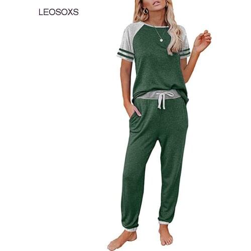 Two Piece Set Women 2021 New Home Wear Pajamas Womens Solid Color Splicing Fashion Round Neck Short Sleeve Casual Suit