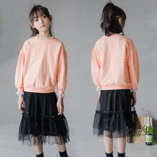 Girls Clothing Set Tops Autumn+Tutu Beaded Mesh Skirts 2 Piece Sets Fashion Casual Long Sleeve Suit 6 8 10 12 14 16 Yrs Teen