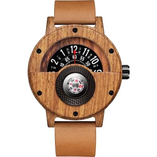 Creative Men Watch Walnut Wood Clock Leather Real Natural Rosewood Mens Wrist Watch Male Compass Turntable Wooden Wristwatch