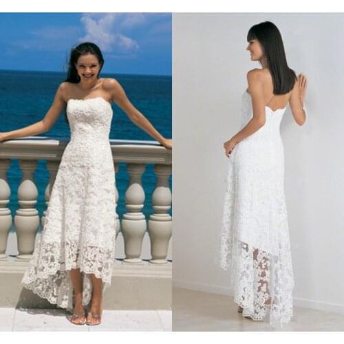 2019 Lace Beach Wedding Dress Backless Vintage Bridal gown Vestidos de Novia Strapless High Low Asymmetrical Wedding gown