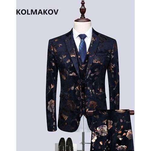 Jacket+Vest+Pants)spring 2019 New style High quality printing Men Suits Fashion Mens Slim Fit business weddingSuit casual suit