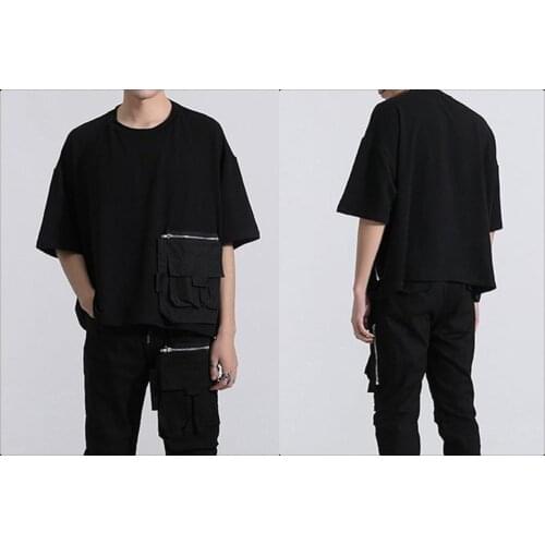 Summer Original Street Fashion dark Three-dimensional Pocket / Stitching Loose Round Neck Short-Sleeved T-shirt