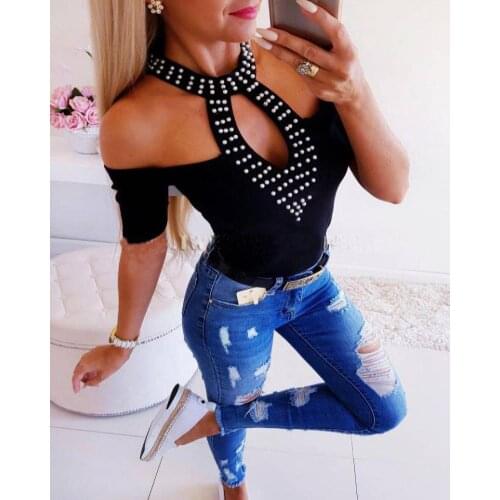 Summer Off Shoulder Short Sleeve T Shirts Women Patchwork Hollow Out Tee Shirt Design Pearl Decor Halter Solid Elegant Slim Tops