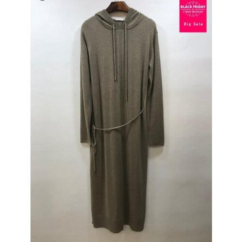 Fashion brand cashmere + wool knit dress womens autumn and winter hooded mink cashmere warm dress with belt wq368 dropship