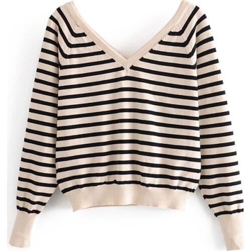 2020 New Ladies Knitted Sweater Womens Striped Pullovers Autumn Winter V Neck Patchwork Jumper Soft Tops Fashion White Knitwear