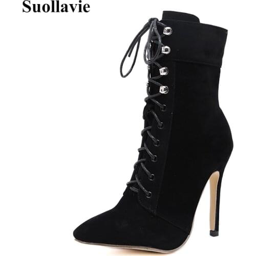 Sexy Women Shoes Mid-Calf Boots Pointed Toe Lace Up Cross Strap Bootie Shoes Stiletto High Heels Autumn Spring Gladiator Boots