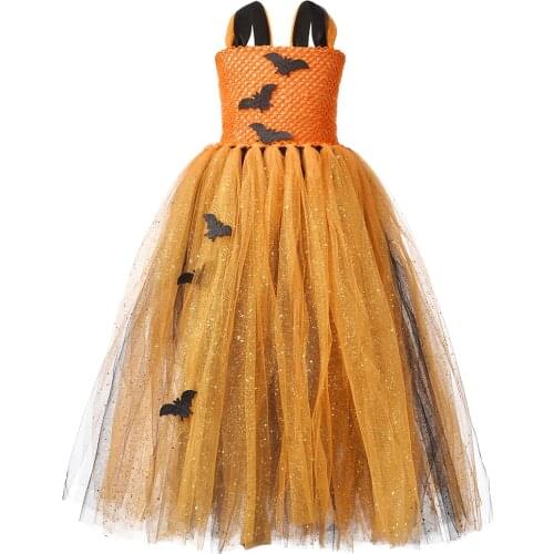 Girls Halloween Black Bat Queen Tutu Dress Thanksgiving Sparkle Mesh Tulle Dresses Pumpkin Costume Birthday Gifts For Kids