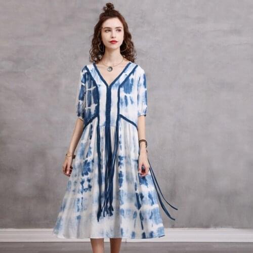 QPFJQD Ladies Cotton Linen Dress V-Neck Short Sleeve 2021 Summer Women Pocket Loose Retro Tie Dyed Tassel Dresses
