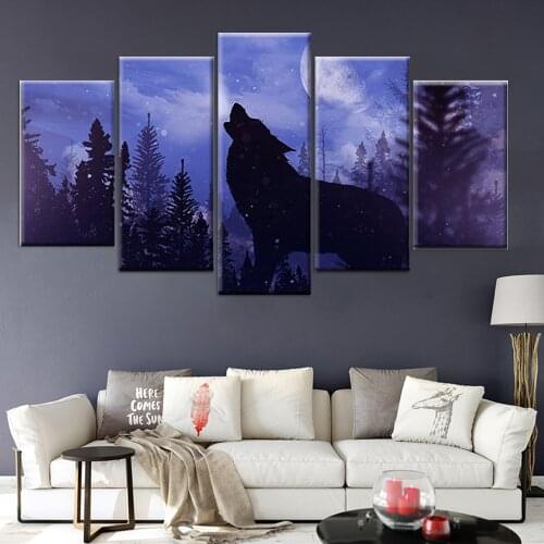Nordic poster 5 piece set blue moon night black wolf picture living room modern HD printing canvas painting wall art decoration