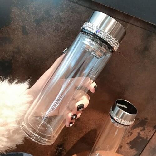 Transparent glass water bottle anti scalding double wall tea cup filter screen office inlaid with diamond lovely water bottle