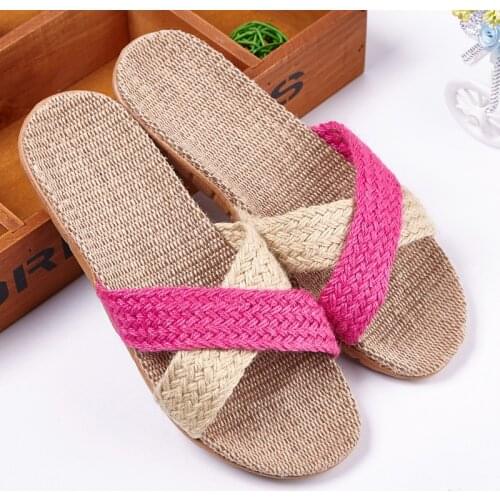 Mntrerm New Summer Flax Home Slippers Women Beach Breathable Shoes Flip Flops Non-slip Flat Family Slippers 10 Colors Cute Shoes