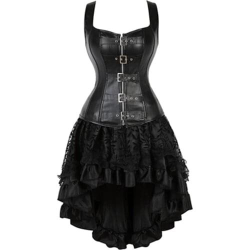 Steampunk Straps Corset Gothic Sexy Womens Faux Leather Overbust Corset Bustier Dress With Asymmetric Floral Lace Skirt Set