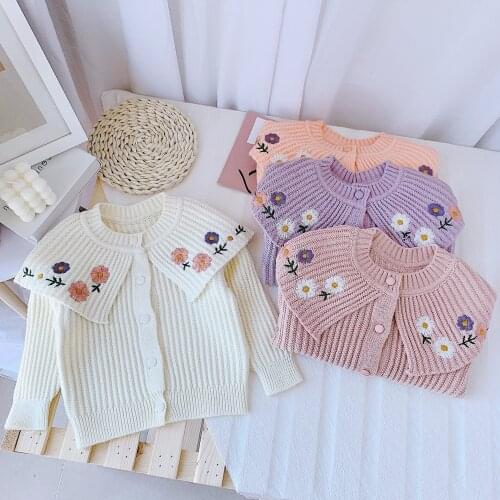 2 3 4 5 Y Toddler Girls Sweaters Kids Cute New Arrival Sweater Coat Korean Large Lapel Flowers Embroidery Knit Cardigan for Girl