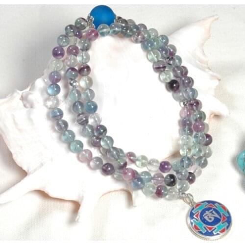 Tibetan Mala Fluorite 108 Beads Mala Tibetan Buddhist Symbols OM Pendant Necklace